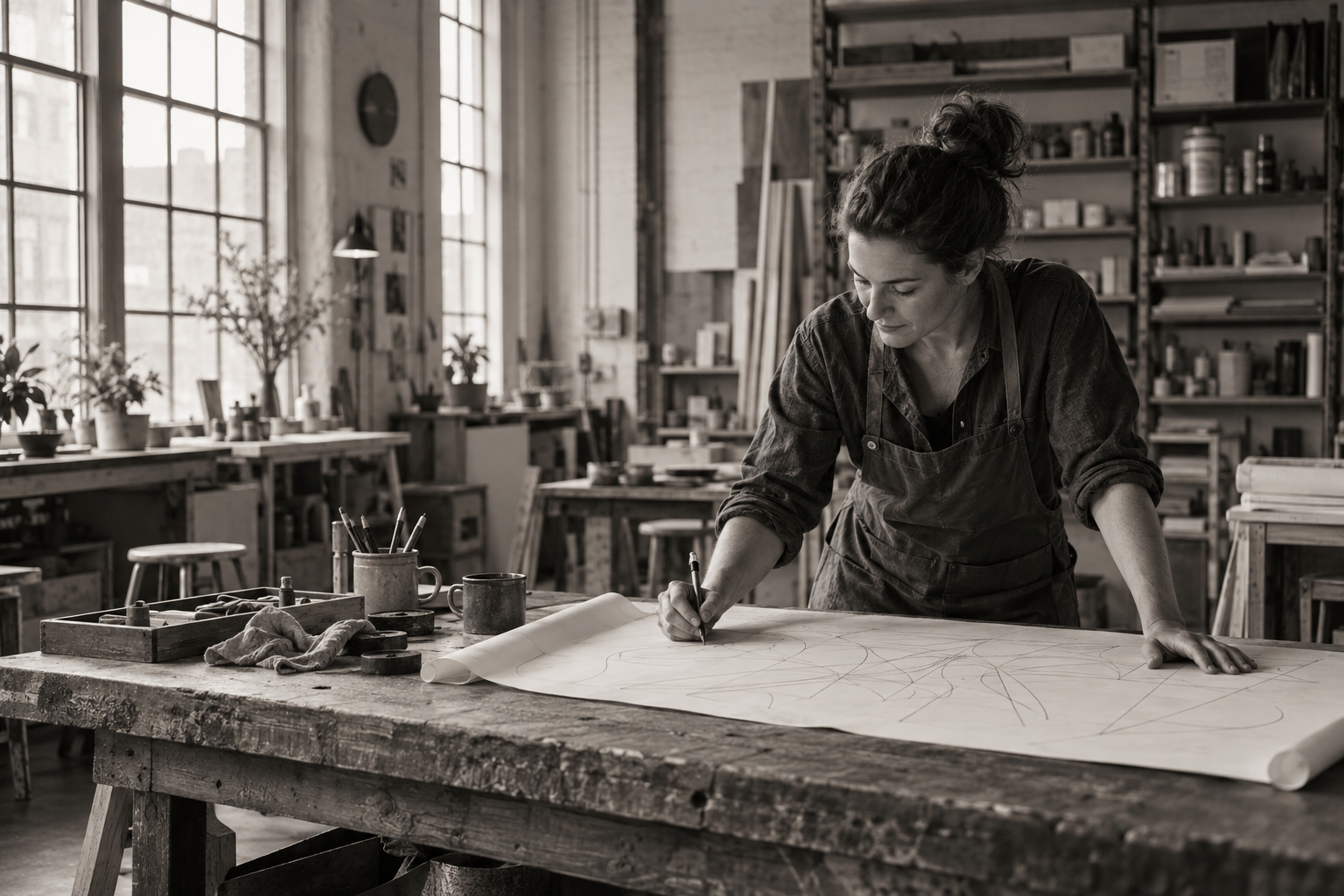 Business owner reviewing a paper plan at a sunlit workshop bench